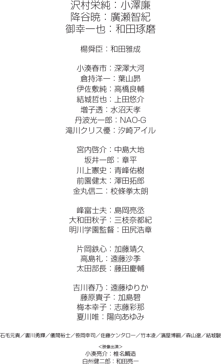 沢村栄純:小澤廉降谷暁:廣瀬智紀御幸一也:和田琢磨陽舜臣:和田雅成小湊春市:深澤大河倉持洋一:葉山昴伊佐敷純:高橋良輔結城哲也:上田悠介増子透:水沼天孝丹波光一郎:NAO-G滝川クリス優:汐崎アイル宮内啓介:中島大地坂井一郎:章平川上憲史:青峰佑樹前園健太:澤田拓郎金丸信二:校條拳太朗峰富士夫:島岡亮丞大和田秋子:三枝奈都紀明川監督:田尻浩章片岡監督:加藤靖久高島礼:遠藤沙季太田部長:藤田慶輔吉川春乃:遠藤ゆりか藤原貴子:加島碧梅本幸子:志藤彩那夏川唯:陽向あゆみ石毛元貴/書川勇輝/儀間裕士/笹岡幸司/佐藤ケンタロー/竹本凌/濱屋博嗣/森山遼/結城駿<映像出演>小湊亮介:椎名鯛造白州健二郎:和田亮一