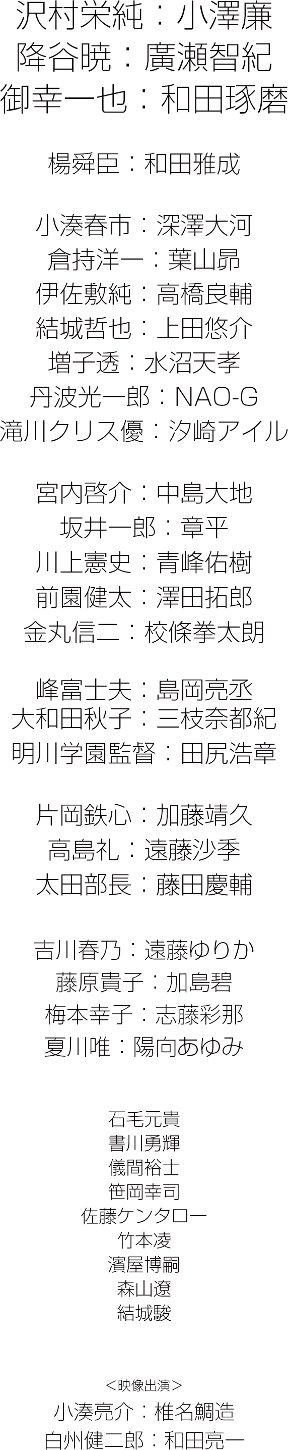 沢村栄純:小澤廉降谷暁:廣瀬智紀御幸一也:和田琢磨陽舜臣:和田雅成小湊春市:深澤大河倉持洋一:葉山昴伊佐敷純:高橋良輔結城哲也:上田悠介増子透:水沼天孝丹波光一郎:NAO-G滝川クリス優:汐崎アイル宮内啓介:中島大地坂井一郎:章平川上憲史:青峰佑樹前園健太:澤田拓郎金丸信二:校條拳太朗峰富士夫:島岡亮丞大和田秋子:三枝奈都紀明川監督:田尻浩章片岡監督:加藤靖久高島礼:遠藤沙季太田部長:藤田慶輔吉川春乃:遠藤ゆりか藤原貴子:加島碧梅本幸子:志藤彩那夏川唯:陽向あゆみ石毛元貴書川勇輝儀間裕士笹岡幸司佐藤ケンタロー竹本凌濱屋博嗣森山遼結城駿<映像出演>小湊亮介:椎名鯛造白州健二郎:和田亮一